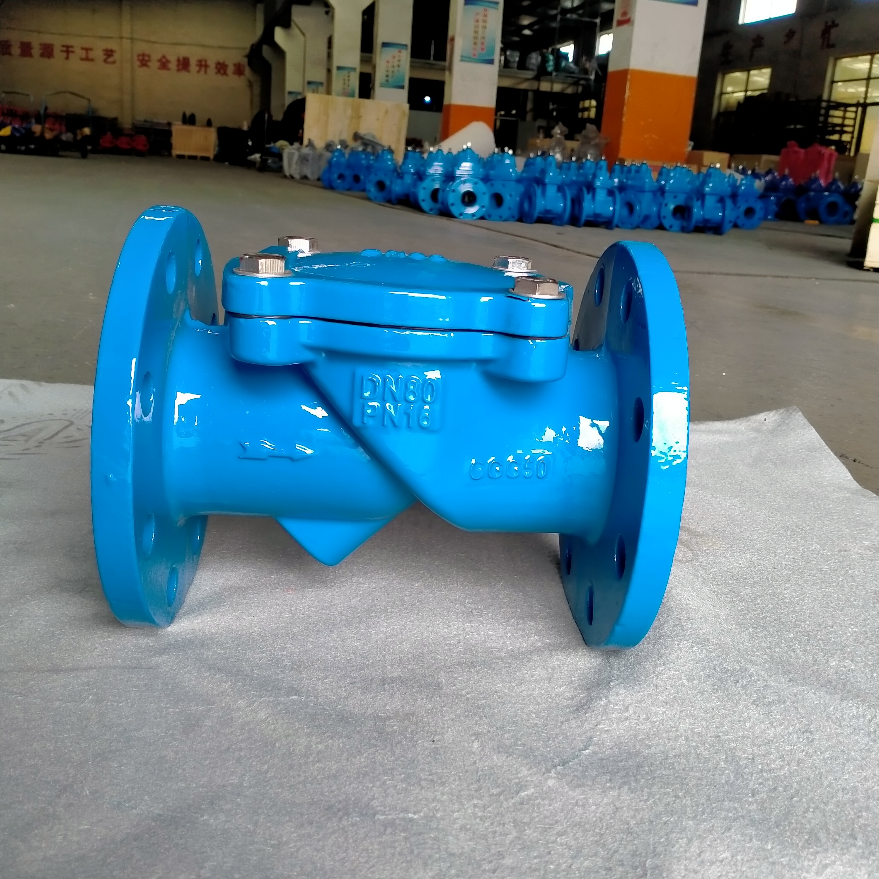Blue air release valve assembly in factory