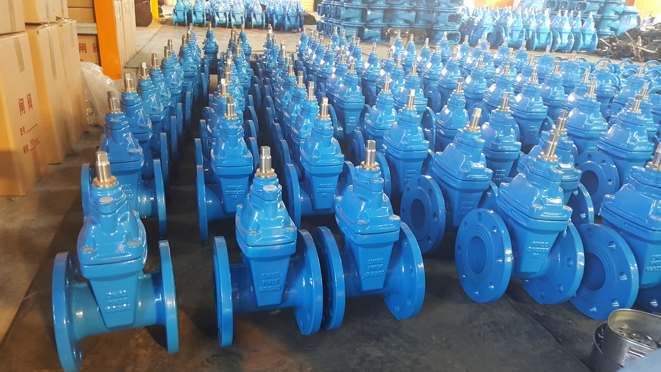 Blue coated ductile iron gate valves in batch production