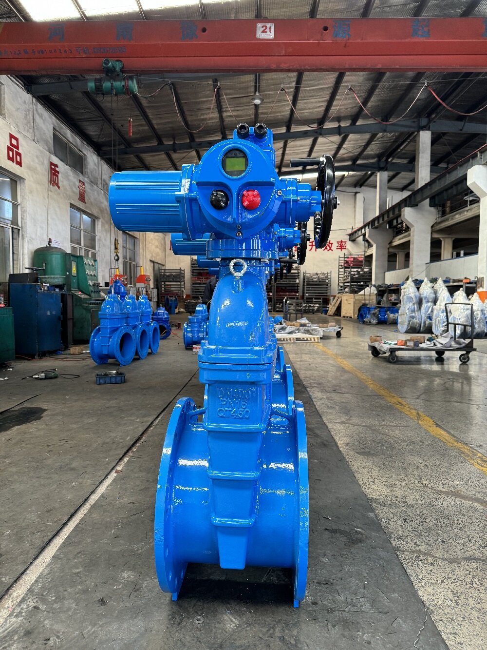 Electric actuated blue gate valve assembly in factory