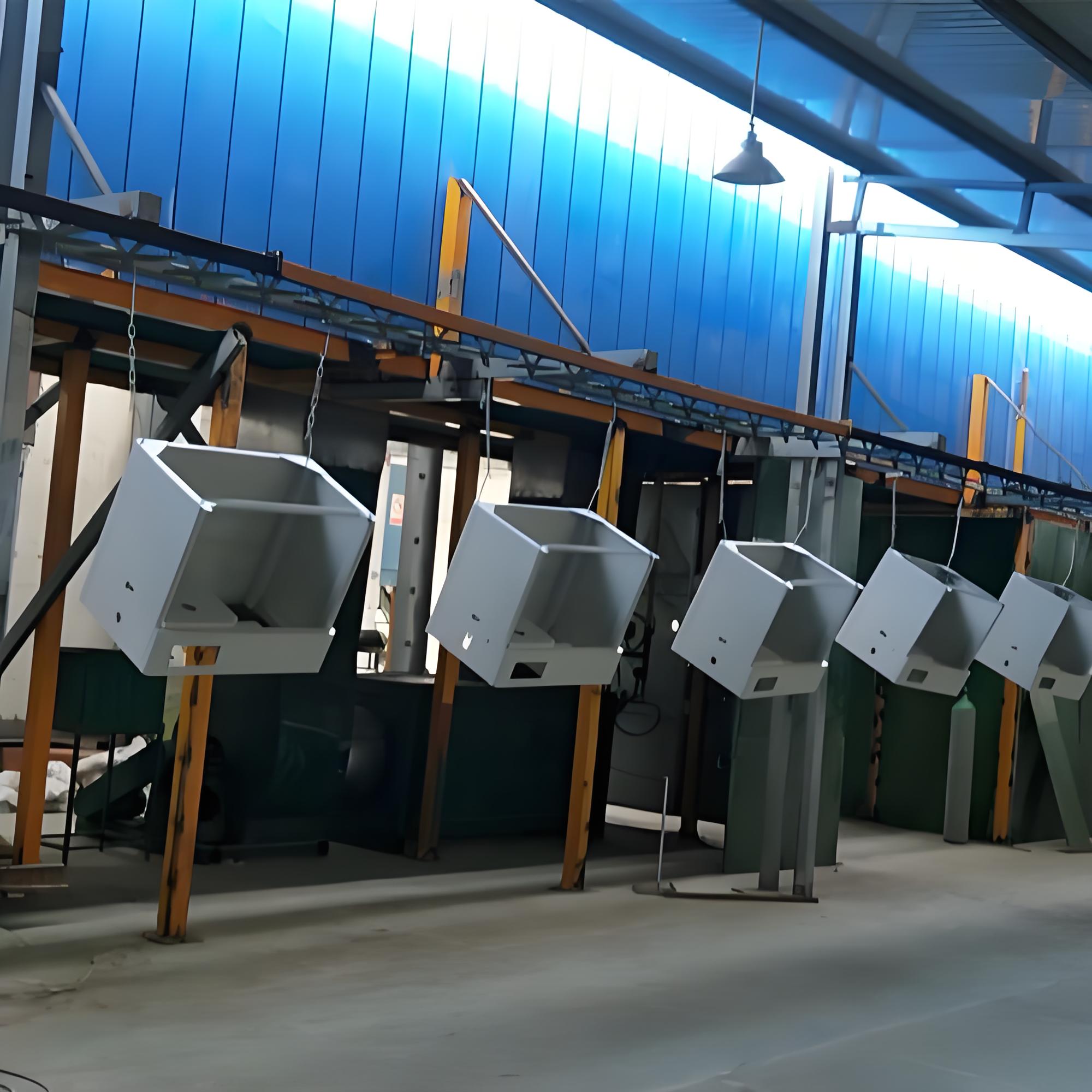 Industrial powder coating line for finished metal components and corrosion protection